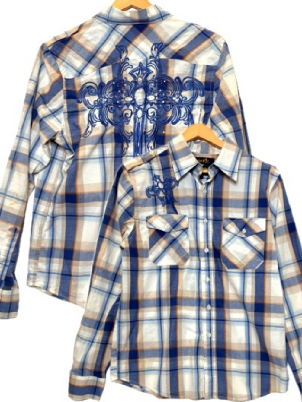 Seven Souls Cross Embroidered Studded Plaid Button Shirt Mens Size M Long Sleeve